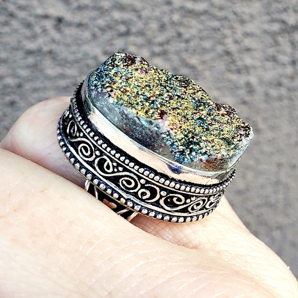 New Titanium Druzy 925 Silver Statement Ring. - Picture 7 of 12